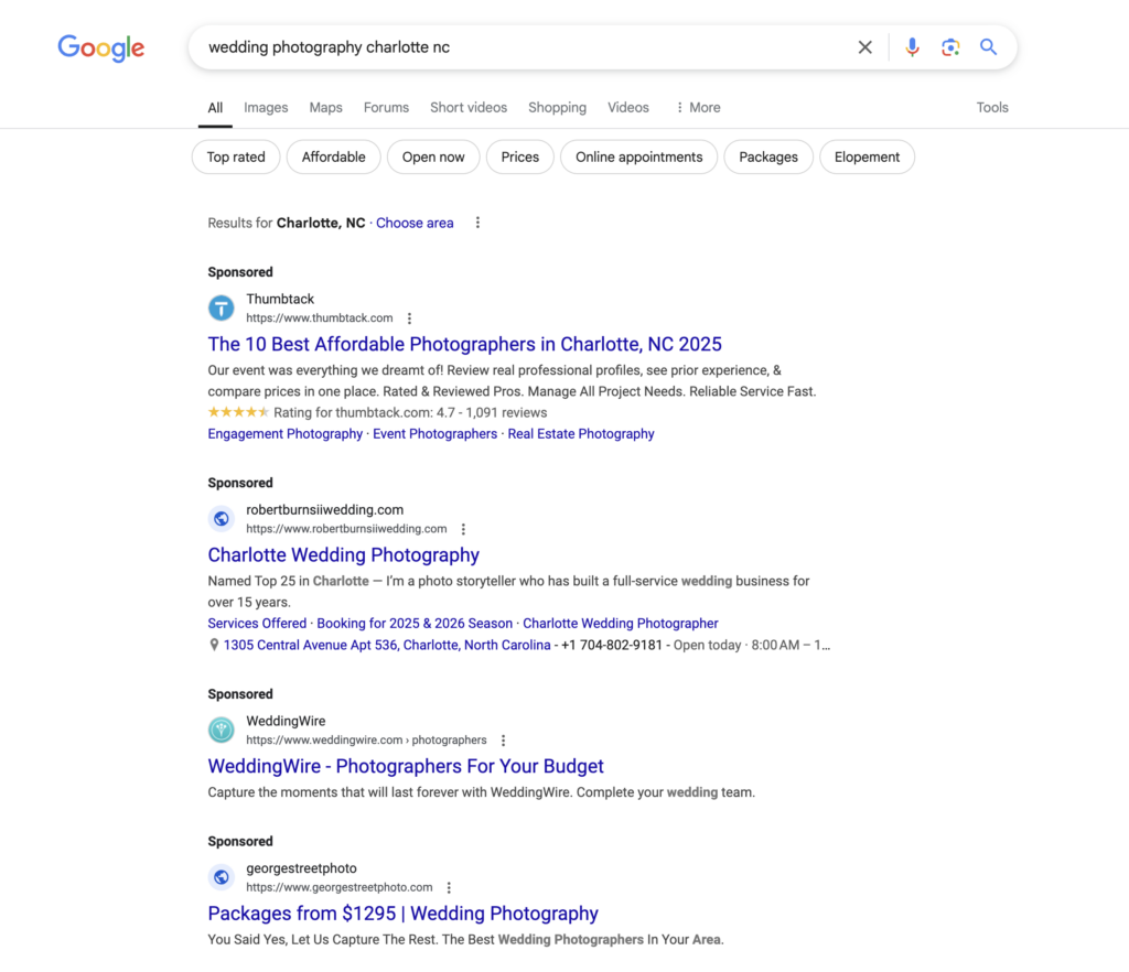 Google search results for "wedding photography charlotte nc" | SEO for wedding pros